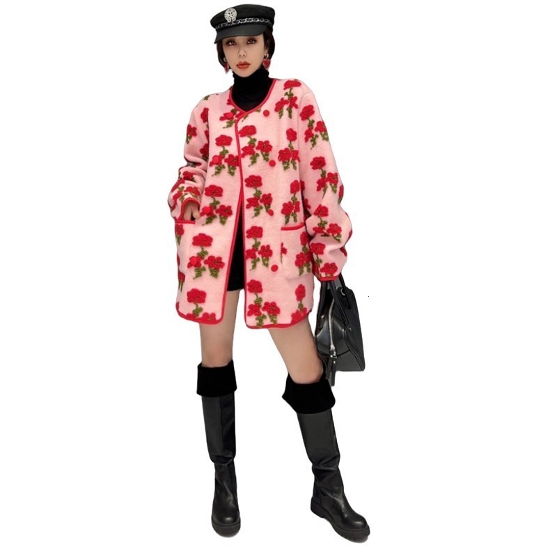 Women's Wool Blends QING MO Winter Fashion Trend Red Rose Plush Coat Women Streetwear Soft Warm Jacket Female ZXF097 230824