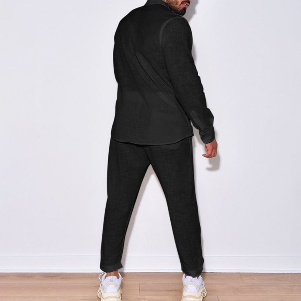 Mens Tracksuits Fashion Simple Casual Sports Suit Cotton Linen Breathable Solid Color Vneck Longsleeved Shirt Trousers Twopiece Set 230824