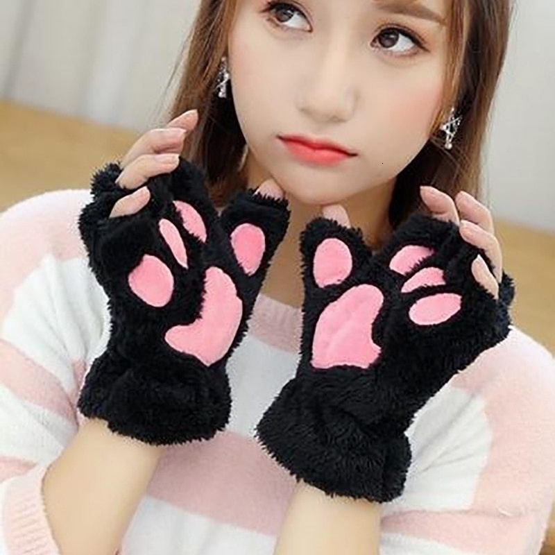 Five Fingers Gloves 1Pcs Cat Paw Winter Cute Cartoon Girl Open Finger Thickened Fluffy Bear Half 230824