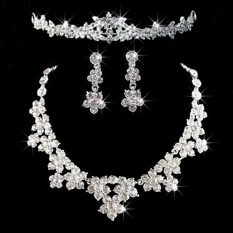 Romantic Crystal Three Pieces Jewelry Sets Flowers Bridal Jewelry Set Bride Necklace Earring Crown Tiaras Wedding Party Accessories ZZ