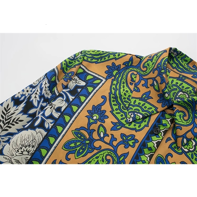 Women's Suits Blazers KONDALA Vintage Green Floral Women Suits Long Sleeve Single Button Loose Shirt and High Wasit Wide Leg Pants Boho Sets 2308
