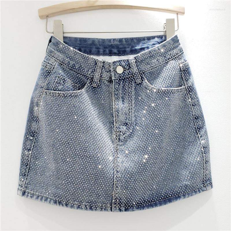 Skirts Luxury Women Summer Diamond Denim Skirt High Waist Wrapped Hip Drilling Short Jeans Gothic A-line Rhinestones Faldas
