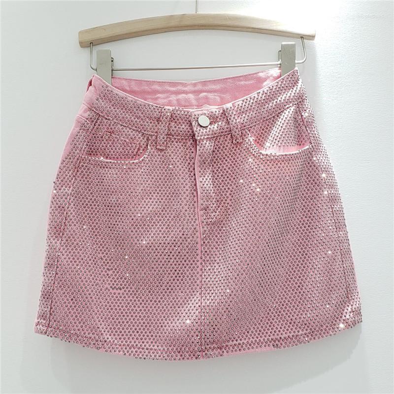 Skirts Luxury Women Summer Diamond Denim Skirt High Waist Wrapped Hip Drilling Short Jeans Gothic A-line Rhinestones Faldas