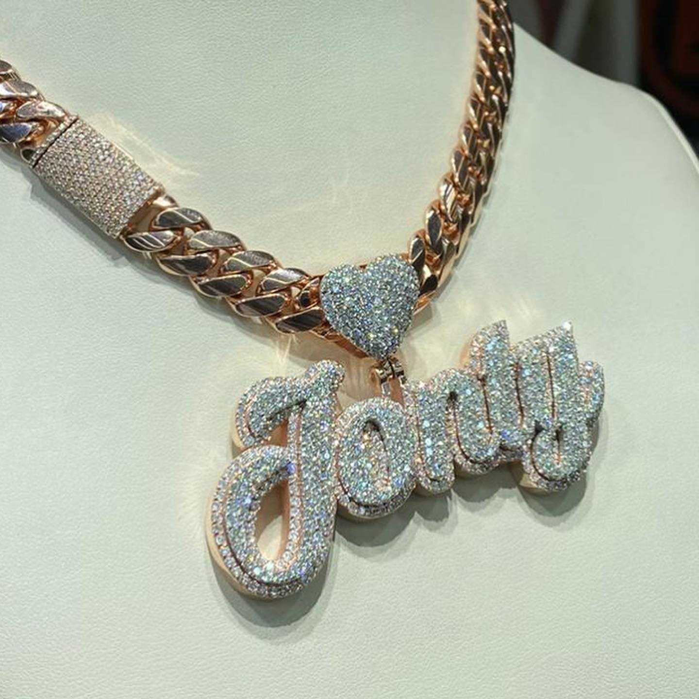 Hip Hop Moissante Luxury Jewelry Women Custom Iced out Name Pendant Necklace 925 Silver Cuban Chain Necklace in Rose Gold