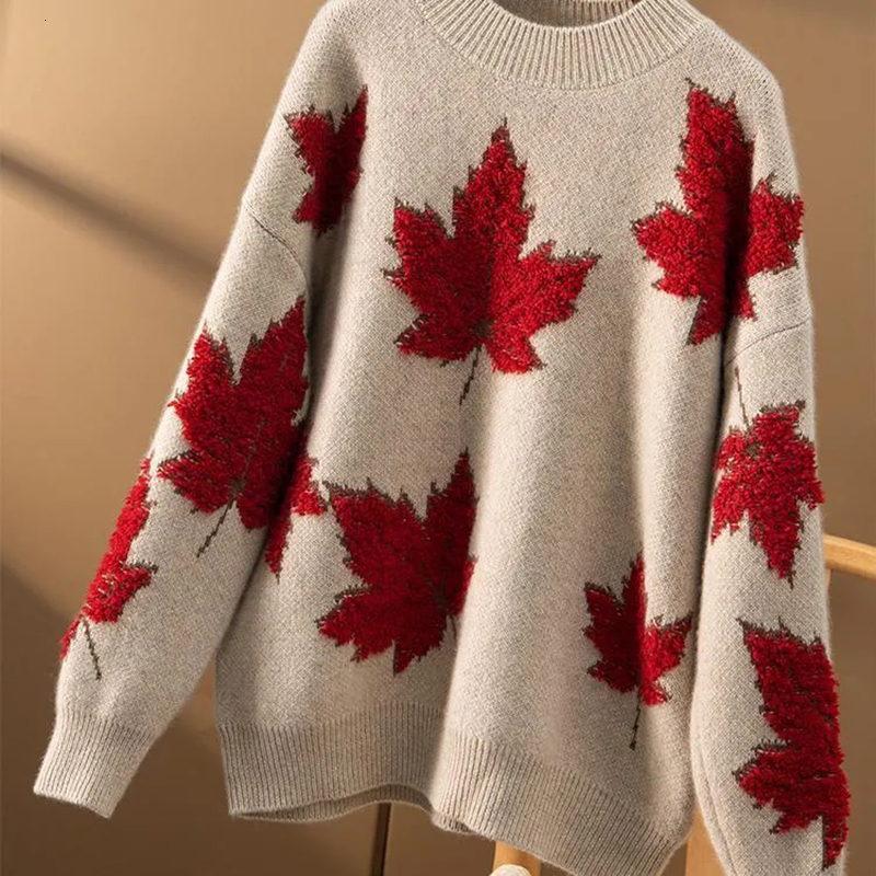 Women's Sweaters Maple Leaf Pattern Panel ONeck Knitted Pullover Loose Casual Sweater Top 230824