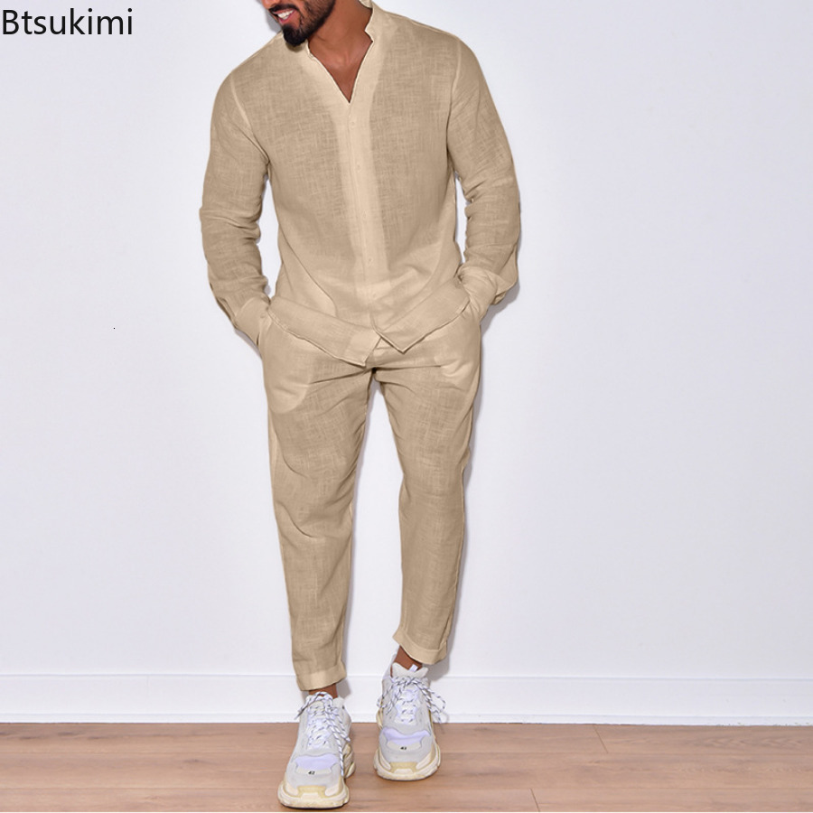 Mens Tracksuits Casual Long Sleeve Shirt and Pants Sets Men Solid Cotton Linen Tops Leisure Tees Trousers Suit Fashion Tracksuit Male| 230824