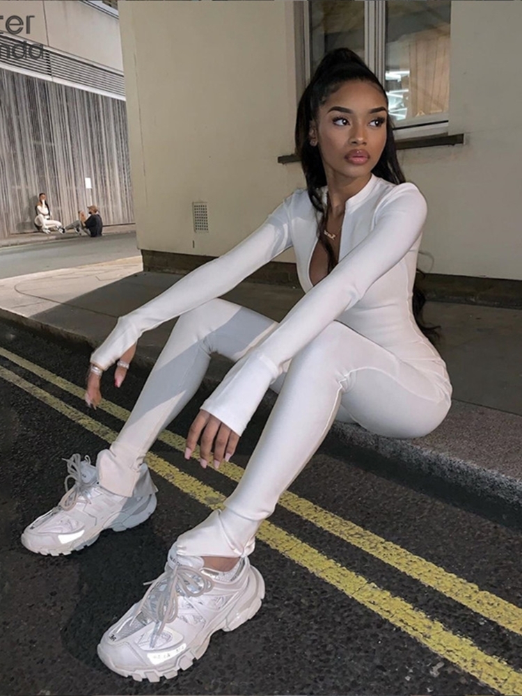 Womens Jumpsuits Rompers Sisterlinda White Elegant Long Sleeve Overalls Night Party Zipper Playsuits Slim Outifts Streetwear 230824