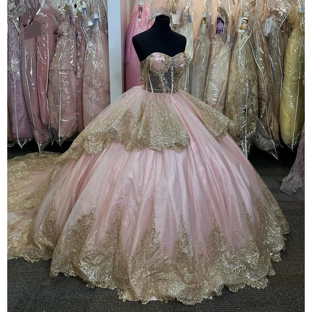 Pink Ball Gown Quinceanera Dresses For Girls Beaded Appliques Birthday Lace Up Back Graduation Prom Party Gowns S S