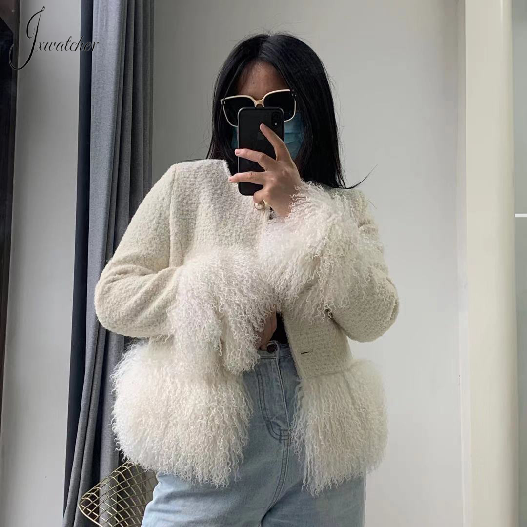 Women's Wool Blends Jxwatcher Women's Wool Coat with Real Mongolian Sheep Fur Autumn Winter Style Ladis Elegance Short Tweed Jacket Female 2