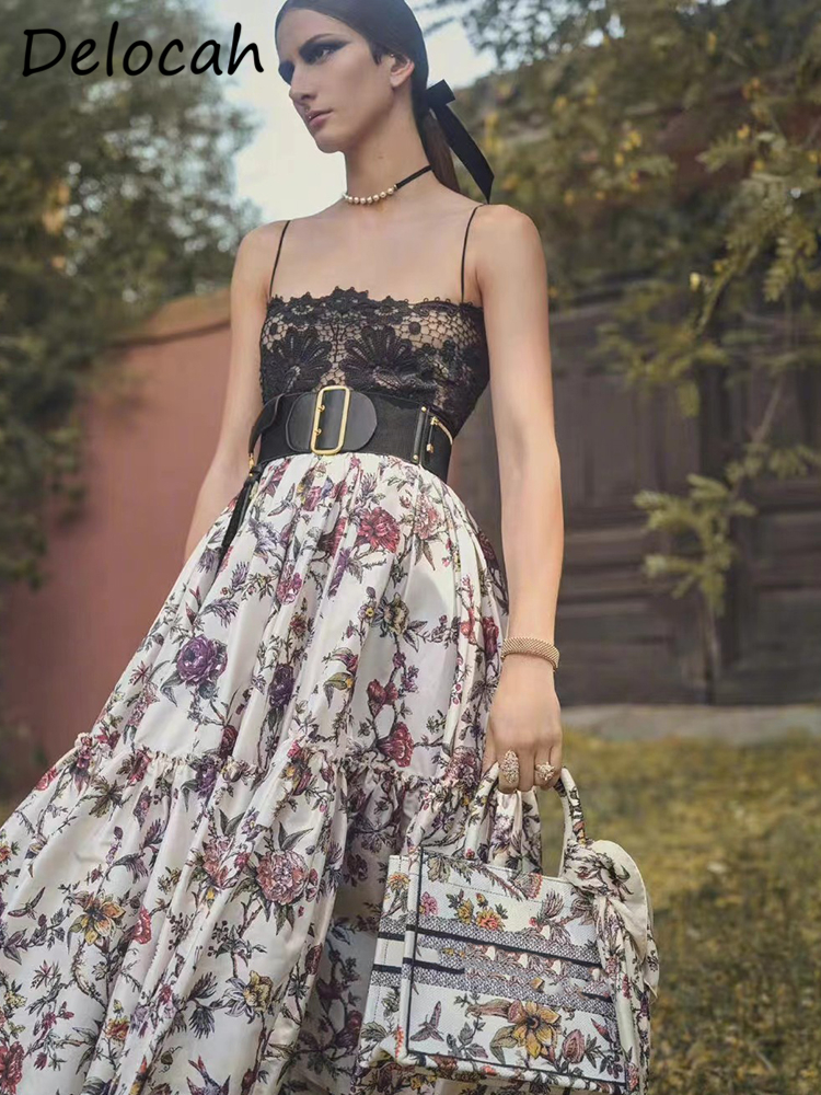 Basic Casual Dresses Delocah High Quality Summer Women Fashion Runway Holiday Dress Sexy Spaghetti Strap Lace Hollow Out Flower Printed Long 230825