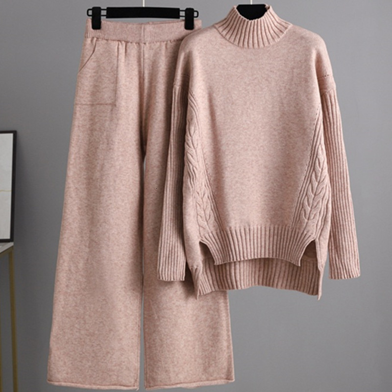 GIGOGOU Cashmere Womens Tracksuits Thick Oversized Women Turtleneck Sweater 2Two Piece Sets Drawstring Harem Pant Suits Outfits 210930