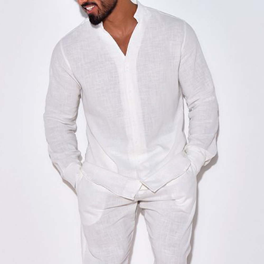 Mens Tracksuits Fashion Simple Casual Sports Suit Cotton Linen Breathable Solid Color Vneck Longsleeved Shirt Trousers Twopiece Set 230824