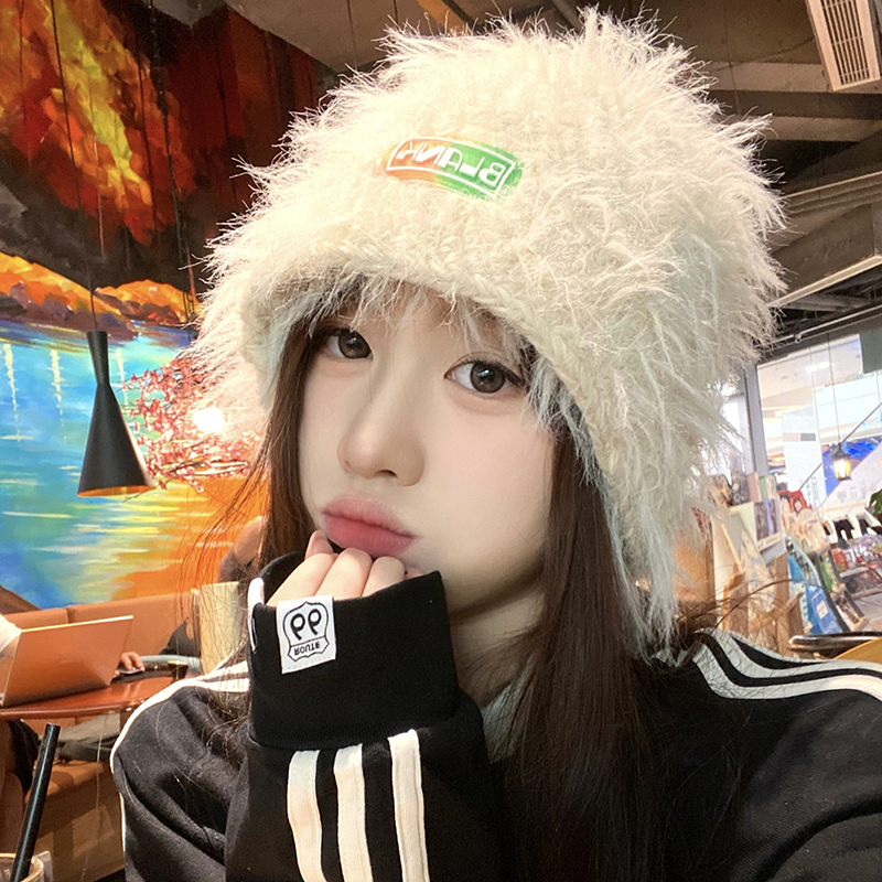Wide Brim Hats Bucket Hats Korean Atmosphere Plush Bucket Hat Women Autumn and Winter Warm Ear Protection Versatile Show Face Rabbit Hair Knitted Basi