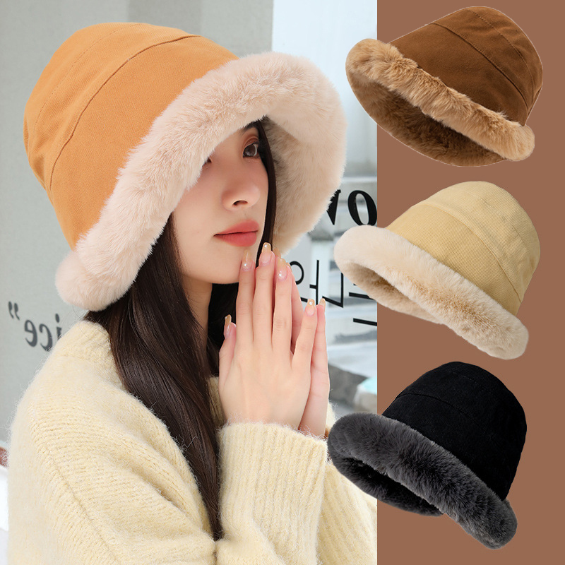 Wide Brim Hats Bucket Hats Fluffy Bucket Hat Winter Warm Cold Protection Fisherman Cap High Quality Plush Thicken Basin Hat Fashion Trend Ladies Panam
