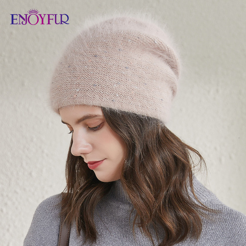 Wide Brim Hats Bucket Hats ENJOYFUR Women Knitted Winter Hats Thick Warm Angola Rabbit Fur Hair Bonnet Female Fashion Good Quality Winter Beanie 23082
