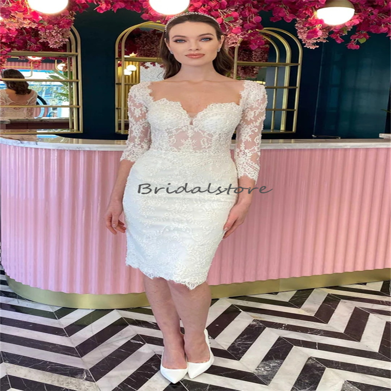 Chic Short Lace Wedding Dress With Sleeves Sheath Knee Length Backless Beach Bride Dress 2023 Japan Korean Bohemian Bridal Skirt Robe De Mariee Vestio