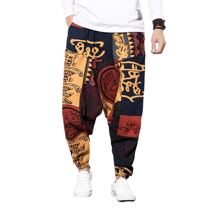 Men's Pants Cotton Linen Harem Men Elastic Waist Streetwear Floral Joggers 2023 Baggy Dropcrotch Casual Trousers 230824