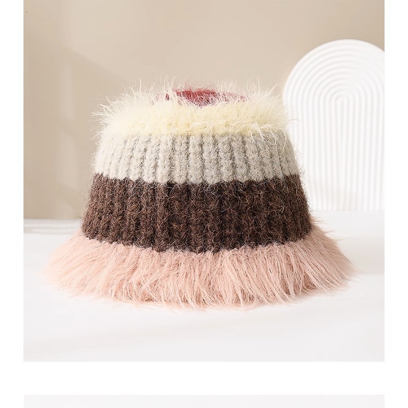 Wide Brim Hats Bucket Hats Japanese Retro Color Matching Plush Bucket Hat Autumn and Winter Warm Niche Fashion Show Face Small Versatile Knit Women 