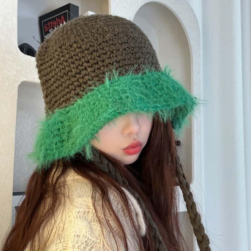 Wide Brim Hats Bucket Hats Korean Ins Niche Hand-knitted Fisherman's Hat Women Autumn and Winter Leisure Warm Versatile Lace-up Contrast Color Bu