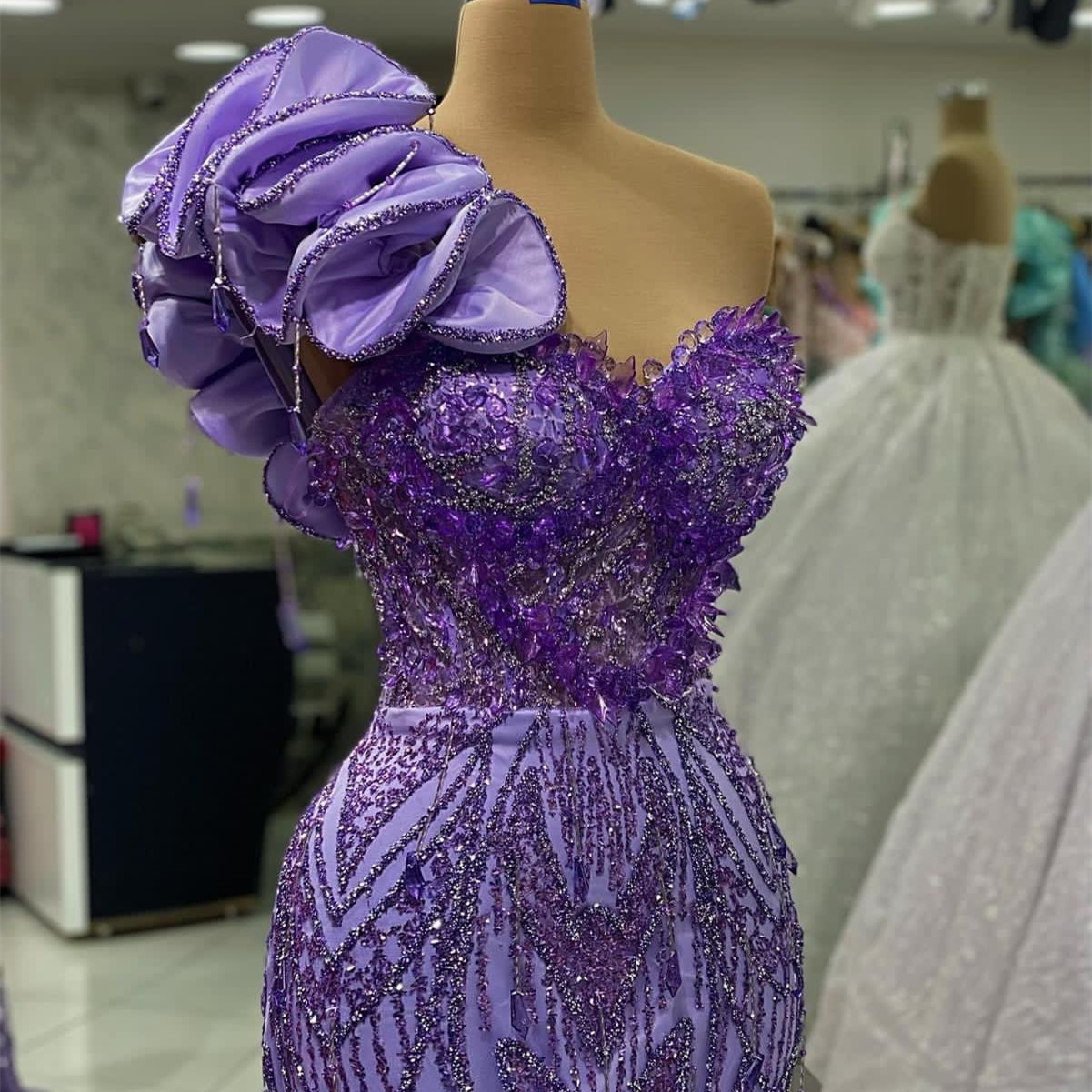 August Aso Ebi Lavender Mermaid Prom Dress One Shoulder Crystals Evening Formal Party Second Reception Birthday Engagement Gowns Dresses Robe De Soire