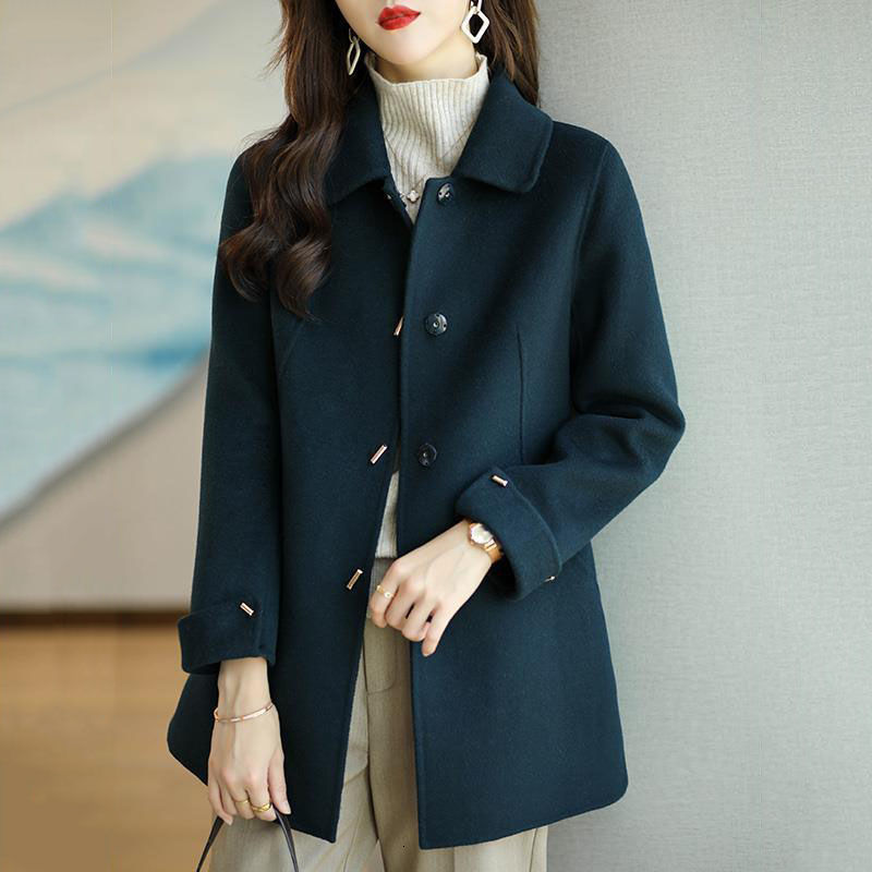 Womens Wool Blends Woolen Coat Slim Fashion Office Lady Square Collar Single Breasted Winter Coats for Women Widewaisted Pocket Black 230824