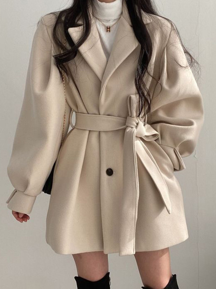 Womens Wool Blends Vintage Woolen Coat Women Autumn Winter Lantern Sleeve Lapel Female Korean Fashion Elegant Bandage Hepburn Style Overcoat 230824