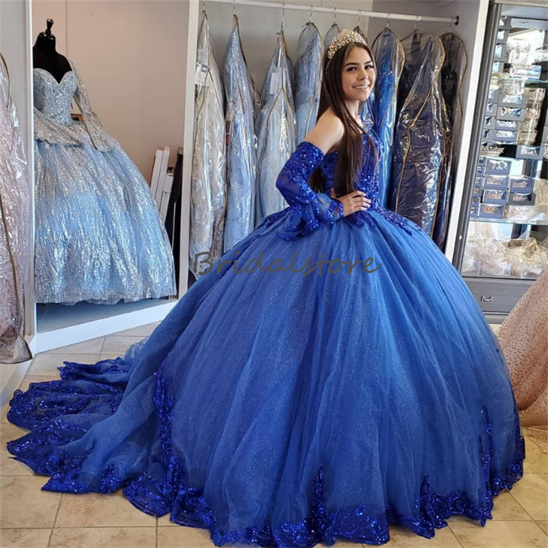 Blue Princess Sequin Quinceanera Dresses 2023 Luxe Sweetheart Tulle Birthday Dress Sparkle Charro Vestidos Para Xv Anos Sweet 15 Vestidos 15 anos Prom