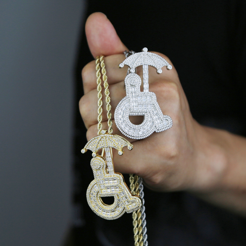 Special Fashion Designer Wheelchair Umbrella Pendant Charm Rope Chain Necklace Hip Hop Women Men Full Paved 5A Cubic Zirconia Daily Gift Jewelry