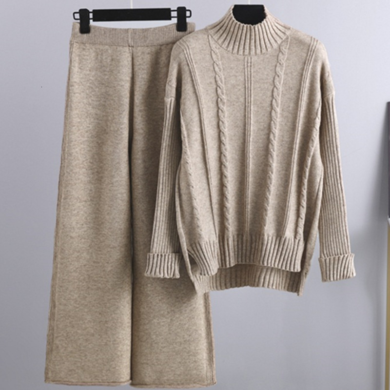 GIGOGOU Cashmere Womens Tracksuits Thick Oversized Women Turtleneck Sweater 2Two Piece Sets Drawstring Harem Pant Suits Outfits 210930