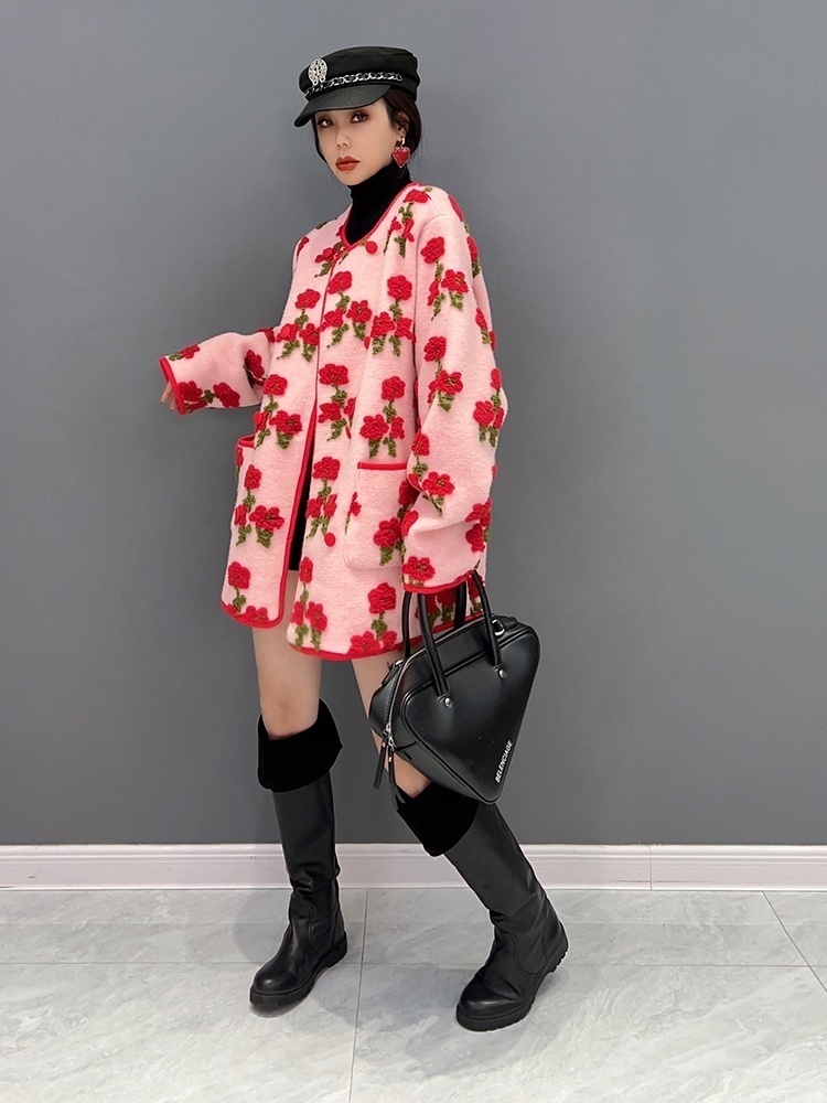 Women's Wool Blends QING MO Winter Fashion Trend Red Rose Plush Coat Women Streetwear Soft Warm Jacket Female ZXF097 230824