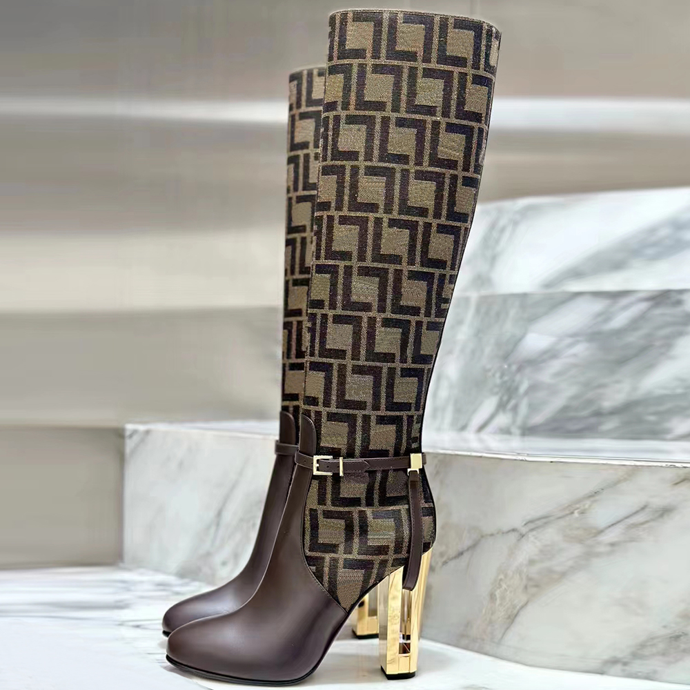 Knee Boots with high heels 10cm Belt buckle decoration CutOuts metal carved SpecialShaped Heel Round Toes Designer Fashion Zip Motorcycle High boots Kni