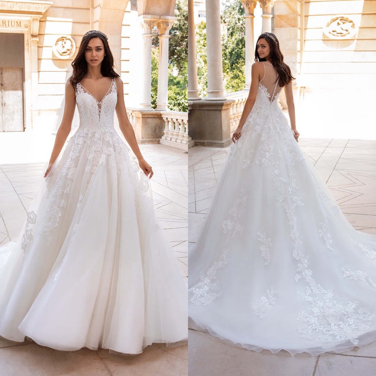 Elegant Lace A Line Wedding Dress V Neck Appliqued White Bridal Gowns Beaded Custom Made Vestidos de Novia