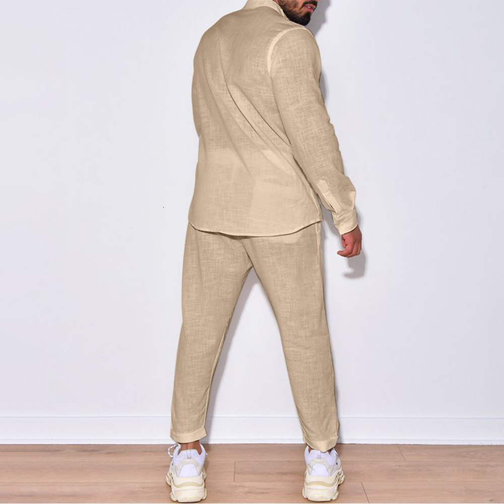 Mens Tracksuits Fashion Simple Casual Sports Suit Cotton Linen Breathable Solid Color Vneck Longsleeved Shirt Trousers Twopiece Set 230824