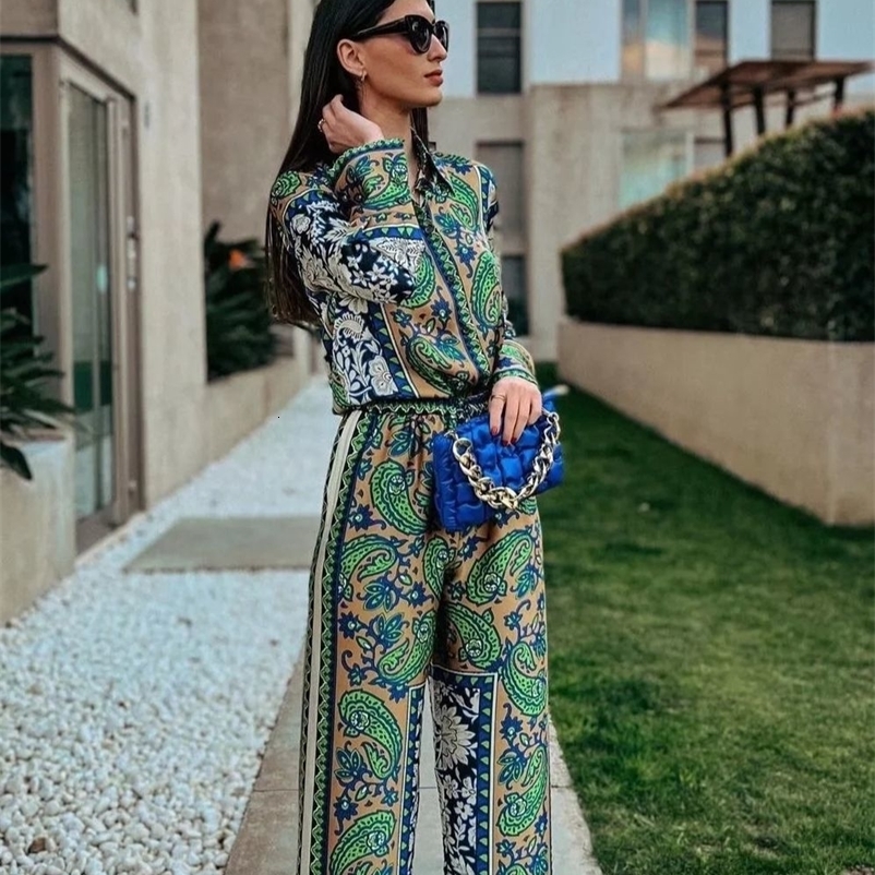 Women's Suits Blazers KONDALA Vintage Green Floral Women Suits Long Sleeve Single Button Loose Shirt and High Wasit Wide Leg Pants Boho Sets 2308