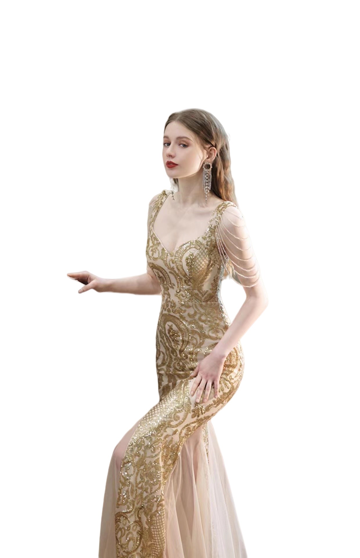 Newest Shiny Mother Of Bride Dresses Sweatheart Neck Lace Gold Sequined Beaded Chiffon Floor Length Plus Size Sexy Evening Party Tail Wedding Gowns 40