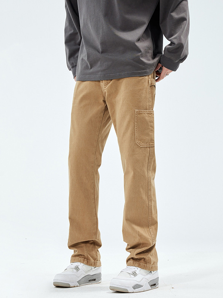 Men's Jeans YIHANKE Retro Worker Trousers Khaki Color Work Pants High Street Vibe Loose Straight Baggy 230824