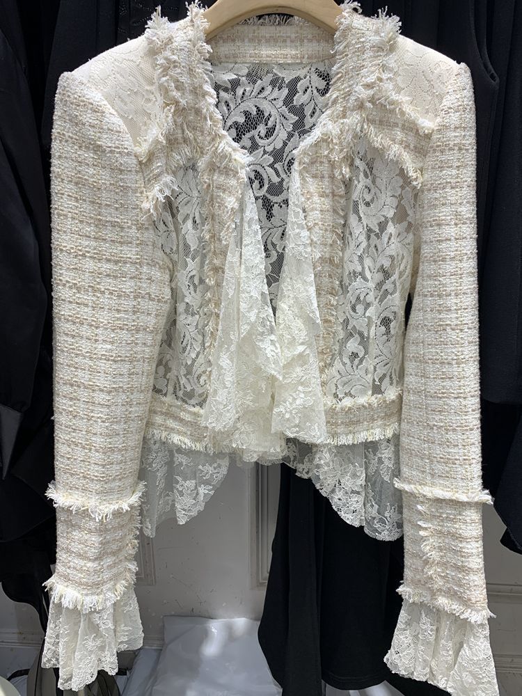 Women's Wool Blends Autumn Elegant Ladies tweed woven lace patchwork jacket for Women Slim Fit Short Cardigan Coat Y4268 230824