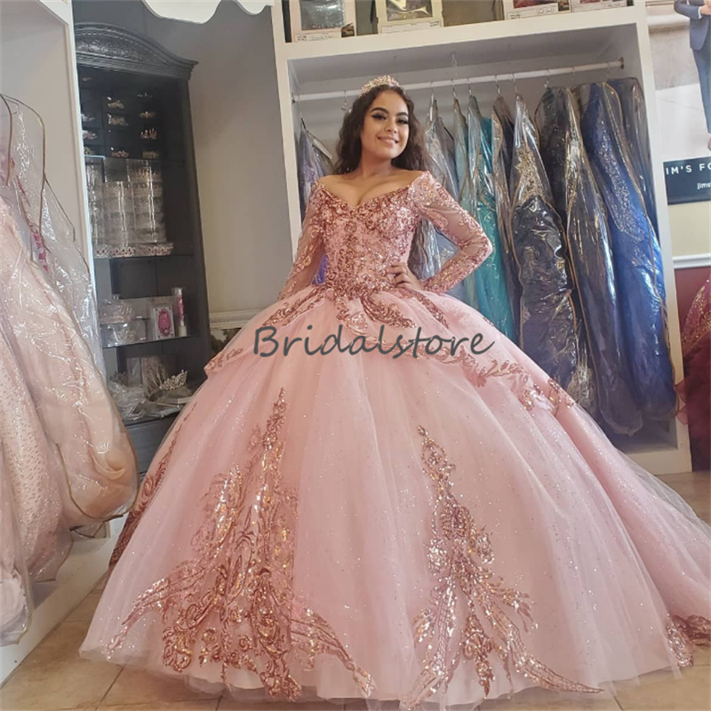 Princess Sequin Pink Quinceanera Dresses 2023 Sparkle Long Sleeve Luxe Ball Gown Bling Sweet 15 Dress Birthday Prom Party Gowns Vestidos Para Xv Anos 