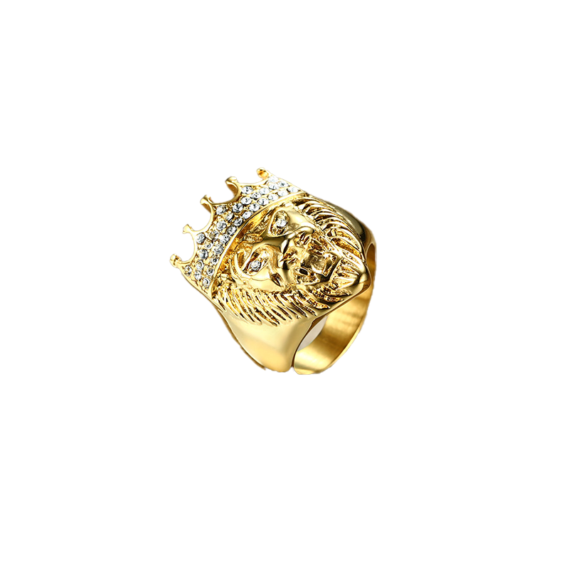 Men039s Hip Hop Gold Tone Roaring King Lion Head and Crown CZ Ring for Men Rock Stainless Steel Pinky Rings Male Jewelry7234068
