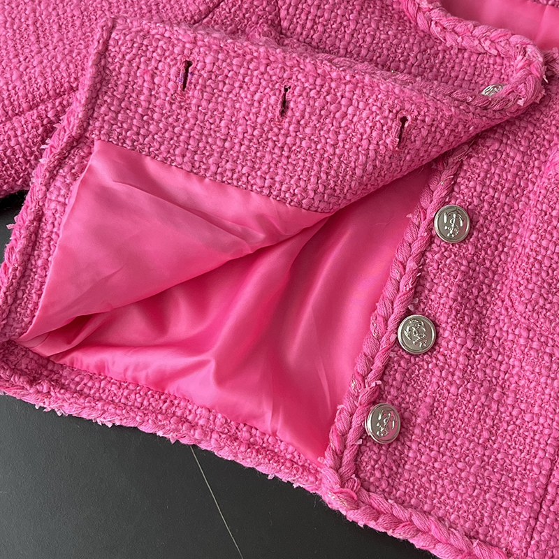 Women's Wool Blends Fashion Fall Winter Womens Long Sleeve Spliced Metal Button Pockets Short Jacket Tweed Casual Woven Lace Rose Red Coat 230824