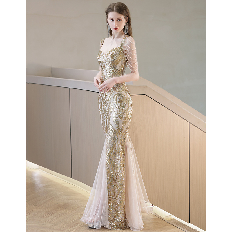 Newest Shiny Mother Of Bride Dresses Sweatheart Neck Lace Gold Sequined Beaded Chiffon Floor Length Plus Size Sexy Evening Party Tail Wedding Gowns 40