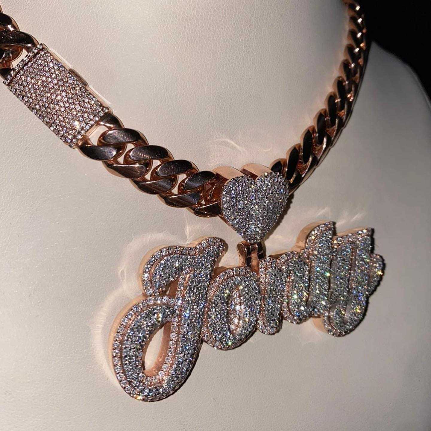 Hip Hop Moissante Luxury Jewelry Women Custom Iced out Name Pendant Necklace 925 Silver Cuban Chain Necklace in Rose Gold