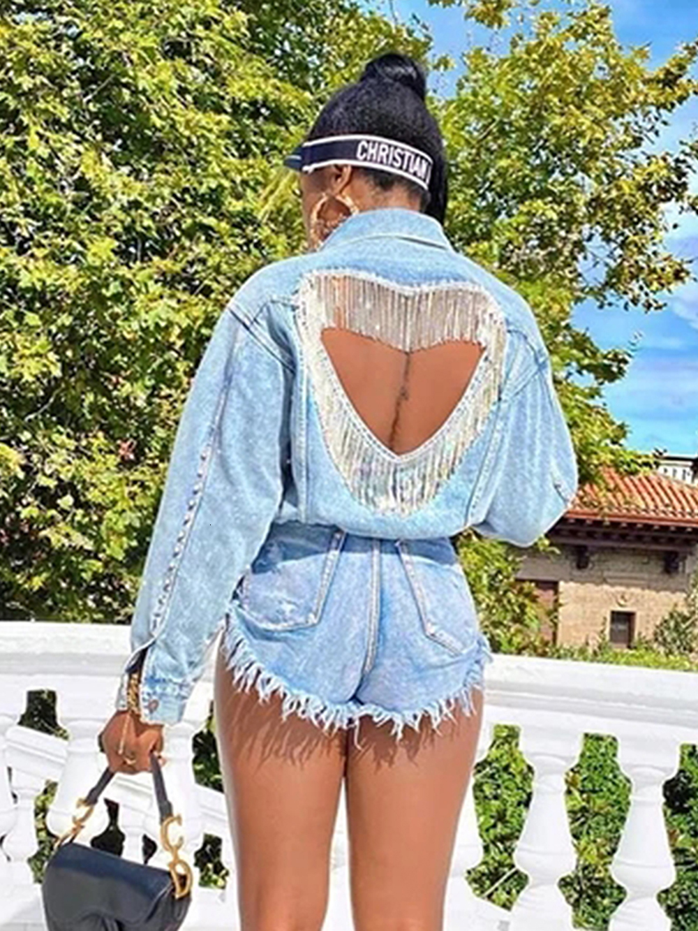 Women's Jackets Denim Jacket Female Light Blue Diamond Tassel Coat SingleBreasted Open Back Women Jeans Coat Autumn Fashion Clothing 230824