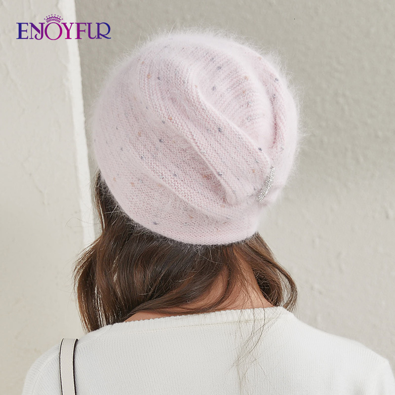 Wide Brim Hats Bucket Hats ENJOYFUR Women Knitted Winter Hats Thick Warm Angola Rabbit Fur Hair Bonnet Female Fashion Good Quality Winter Beanie 23082