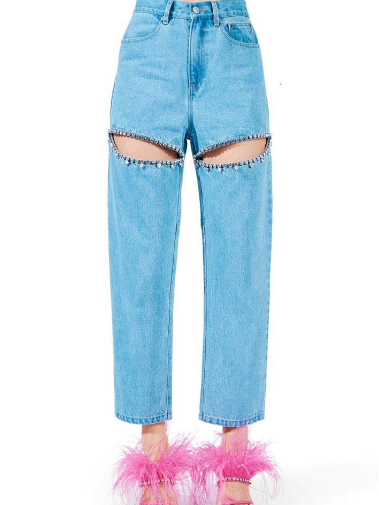 Women's Jeans Hollow Out Denim Pants High Street Diamond Studded Waist Patchwork Wide Leg Summer Flares 230824