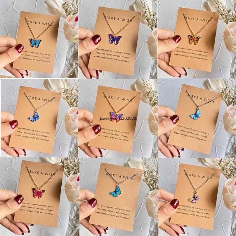 Creative Simple Fashion Temperament Cute Butterfly Pendant Necklace Ladies Jewelry Retro Multi-color Necklace Accessories With Gift Card