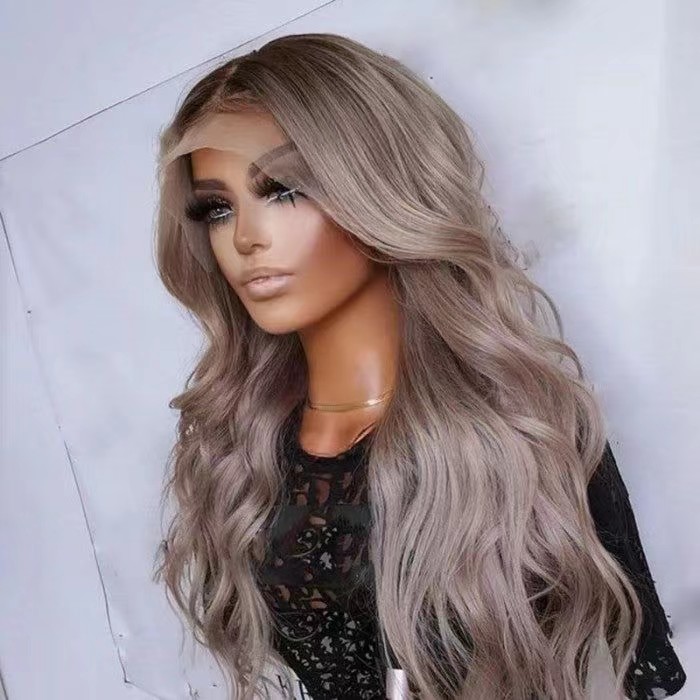 Peruvian Loose wave hd lace frontal wig long blonde brown roots smoky mauve with punky gray highlights multi color 13x4 lace front wig perruqe for bla