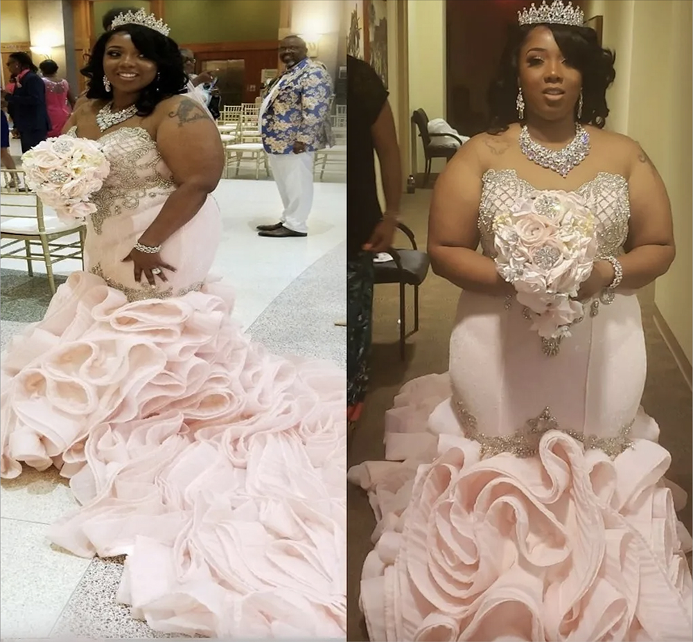 Blush Pink Mermaid Wedding Dresses 2023 Sweetheart Beads Crystal Plus Size Bridal Gowns Ruffles Dubai Robe De Mariee Vestidos Noiva