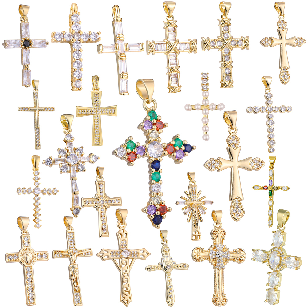 Charms Juya DIY 18K Real Gold Plated Wholesale Christian Cross Charms For Handmade Christmas Religious Rosary Pendant Jewelry Making 230826