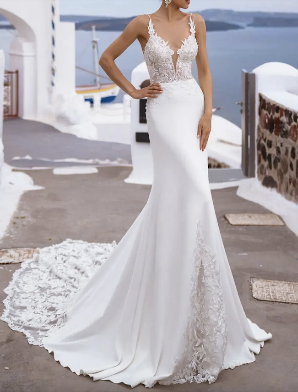 Sexy Long Wedding Dress 2023 Mermaid Sleeveless V Neck Straps Lace Backless Bride Gowns Plus Size Robe De Mariee 0509